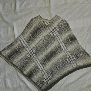 Knit Plaid Poncho in Black & Cream